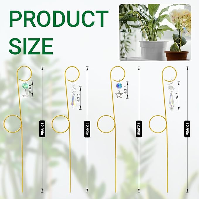 Small Trellis for Potted Plants Indoor with Crystal Sun Catcher, 4Pack Golden Metal Plant Stake for Home Window Garden, Plant Accessories Indoor Decoration (13inch)
