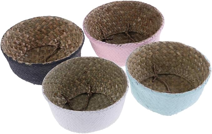 Woven Seagrass Belly Baskets with Handles for Planter Storage Flower Pot Cover Organizer&Laundry,Picnic Fruit&Grocery Baskets,Foldable Handmade Wicker Rattan Basket Hanging Decorative Baskets