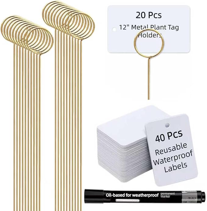 Garden Markers for Plants Outdoor - 20 Pcs 12" Metal Plant Tag Holders for Multiple-use with 40 Pcs Reusable Waterproof Labels & Marker Kit