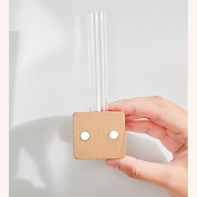 Magnetic Wooden Wall Planter Vase with Plastic Tube, Solid Wood Refrigerator Magnet (Wooden/Plastic)