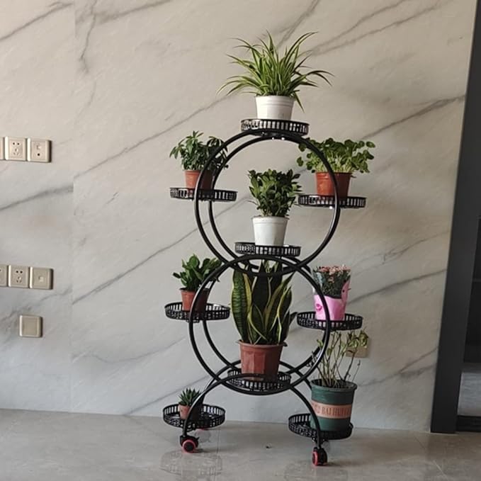 6 Tier Metal Plant Stand Indoor/Outdoor Multiple Flower Pot Holder Shelf with 9 Round Trays, Flower Pot Stand Plant Rack for Patio Living Room Corner Balcony, Black