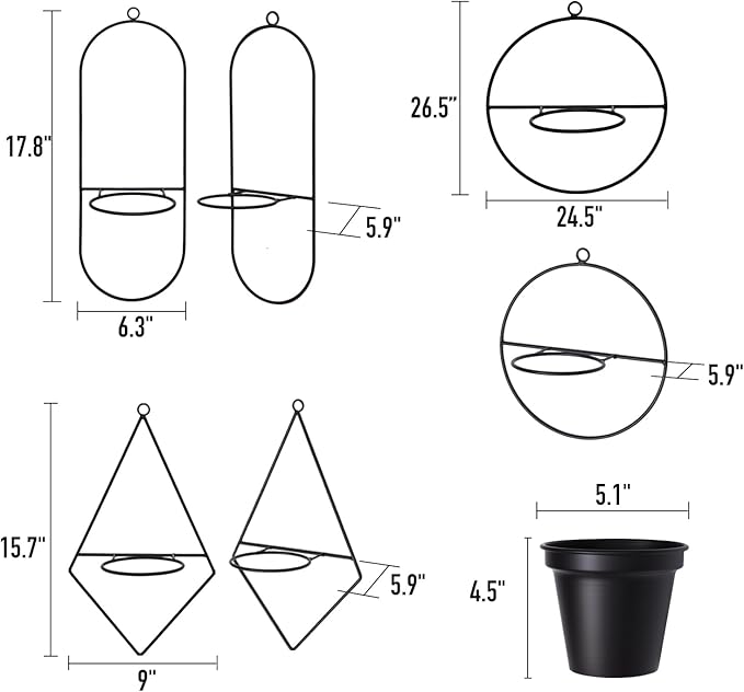 Geometric Wall Planters for Indoor Plants Set of 3 Black Metal Wall Mounted Plant Holder (Diamond & Oval & Round Shapes) with 5 Inch Flower Pots, Modern Hanging Planters for Indoor Decor