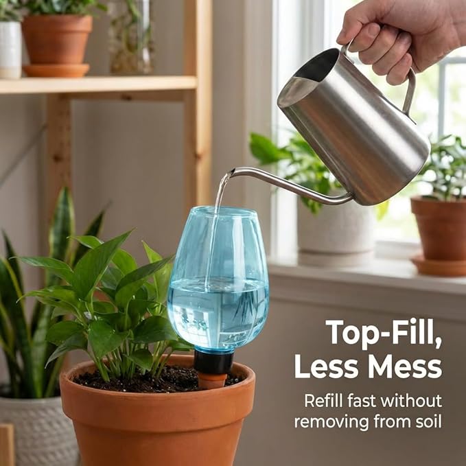3 pcs Self Watering Globes for Indoor Plants - Top-Fill 11.8oz Blue Plant Watering Devices for Vacation, Plastic Watering Bulbs with Terracotta Spikes