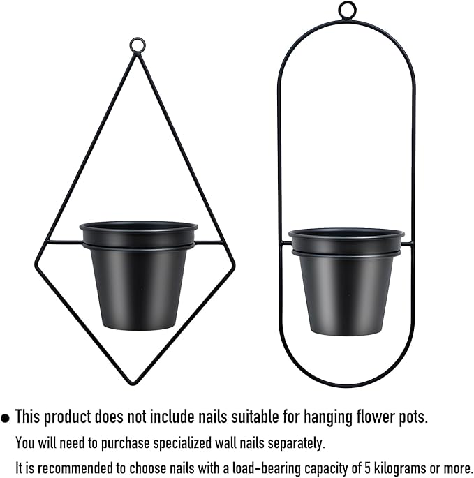 Geometric Wall Planters for Indoor Plants – Set of 2 Black Metal Wall Mounted Plant Holder (Diamond & Oval Shapes) with 5 Inch Flower Pots, Modern haning planters for Indoor Outdoor Décor