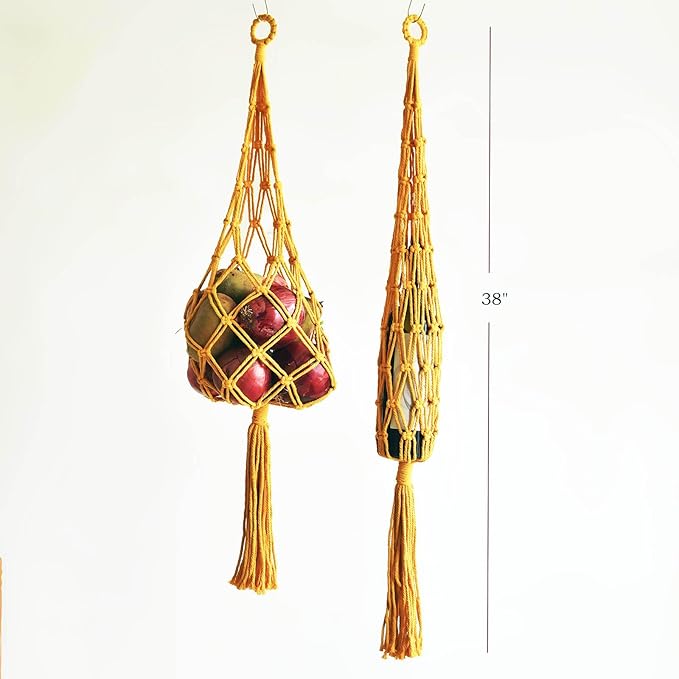 2 Packs Hanging kitchen hanging Basket, Macrame Hanging Basket Vegetable Storage holder breathable handmade basket for Potato Onion Fruit Storage,Boho Decor grocery storage bag,Yellow