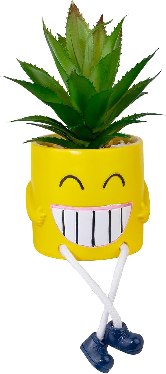 Fake Plants Small Potted Succulents with Yellow Pot, Creative Artificial Succulent Plants in Hanging Leg Fun Pot, Mini Vibrant Faux Plant for Home Office Desk Decor and Gift Choice