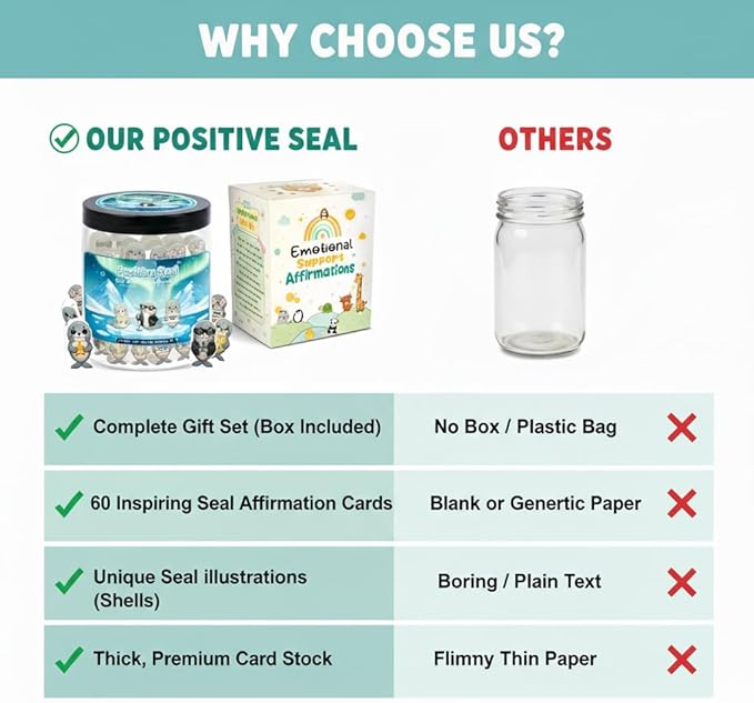 Positive Seal Jar with 60 Affirmation Cards, Emotional Support Seal, Teacher Appreciation Gift, Mental Health and Office Decor, Funny Gift for Boys and Birthdays
