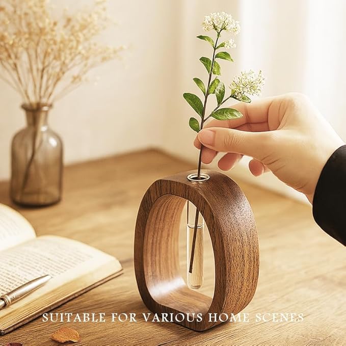 Mini Hydroponic Vase with Walnut Wood Stand, 2.8 x 1.6 x 3.7 inch Glass Propagation Station for Terrarium Plants, Desk Plant Holder Gift for Plant Lovers