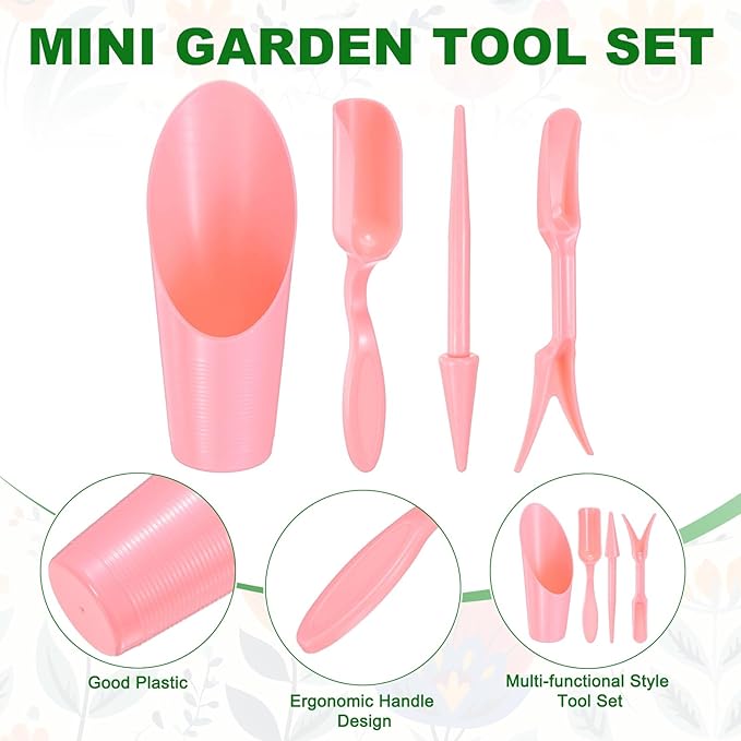 M METERXITY 1-Set Garden Shovel Hand Tools Transplanting Succulent Cultivation Digging Scoops Kits, Plastic Mini Garden Tool Set for Flower Planting/Bonsai Potting [Pink]