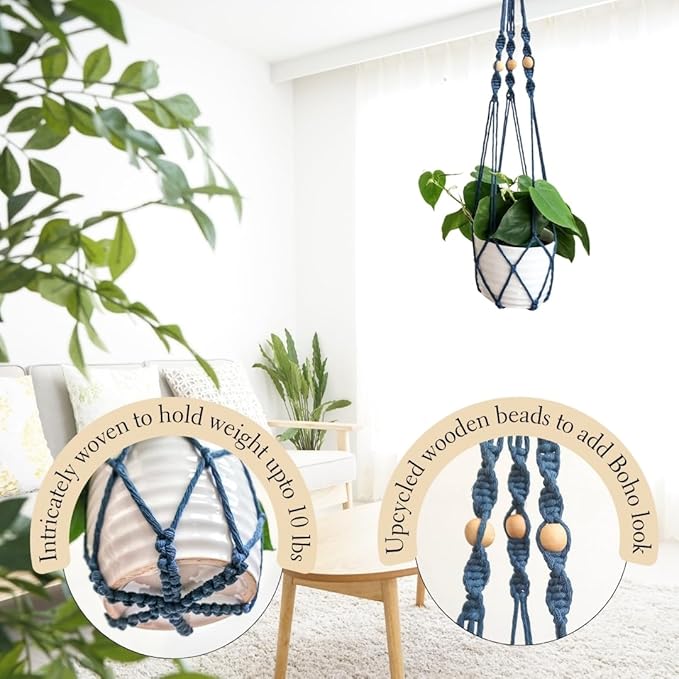Macrame plant hanger 3ft beaded plant hanger for pots 4-8” for live plants indoor and outdoor decor hanging plant holder Boho décor Plant stand indoor Hanging planter for plant pots (Peacock Blue)