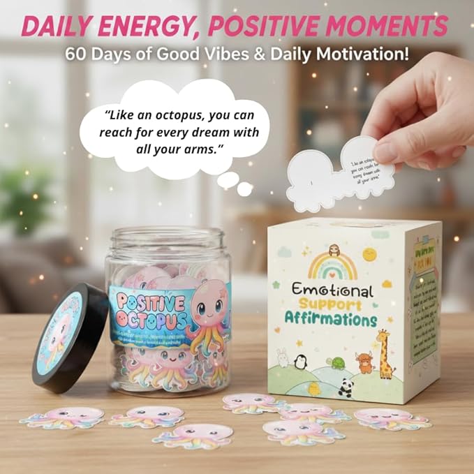 Positive Octopus Jar with 60 Daily Affirmation Cards, Emotional Support Octopus Decor, Inspiring Gift for Women and Men, Cute Motivational Desk Jar Offering Encouragement for Friends or Coworkers