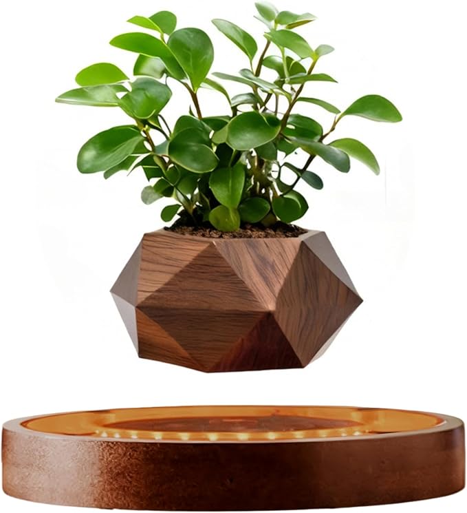 MOOCCI Levitating Plant Pot with Light, Magnetic Floating Flower Pot with Rotating and Auto-Spinning, Brown Wood Grain Planter for Succulents, Cool Desk Decor for Home Office, Unique Gift Idea