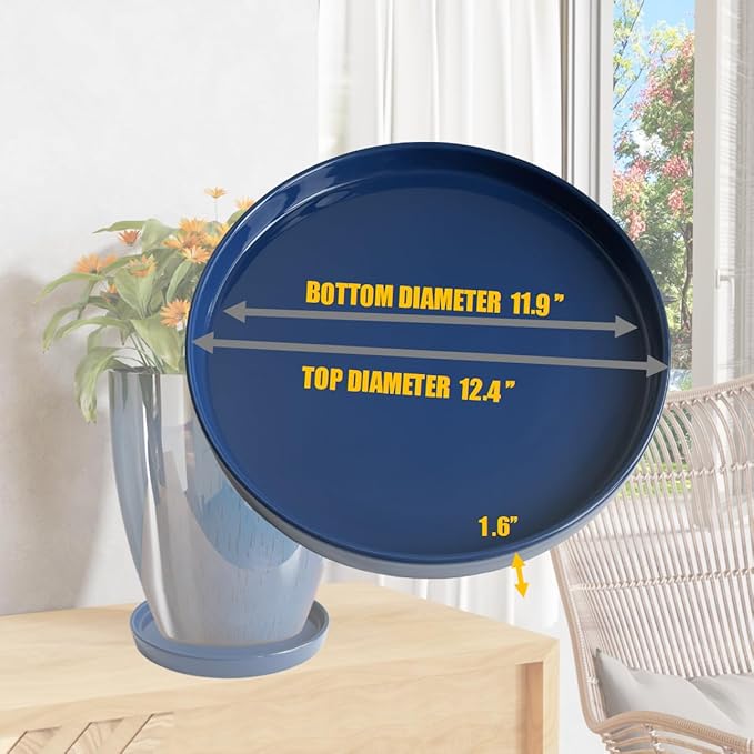 Yukfona Ceramic Plant Saucer Pot Tray 12 Inch, Planter Saucers 4 5 6 7 8 9 10 11 12 Inch for Indoors Outdoor, Durable Sturdy Flower Drainage Tray for Glazed Pots Base (12.5 Inch-Blue)