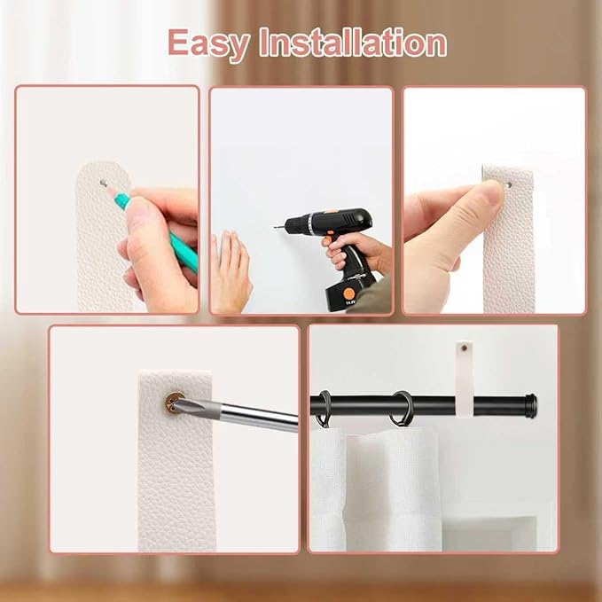 Curtain Rod Holders,8 Pack Leather Curtain Rod Brackets with Screws,PU Curtain Rod Hangers,Leather Straps Hooks for Wall Pole Macrame Boho Art Décor, White