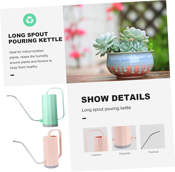 NUOBESTY 2pcs Small Long Spout Watering Can for Indoor Plants, Plastic Houseplant Watering Pot with Handle, Mint Green and Soft Pink, Suitable for Balcony and Indoor Gardening