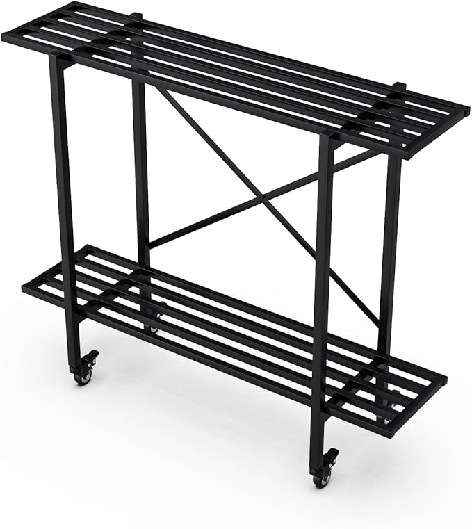 Zhongma 2 Tier Window Height Metal Sturdy Narrow Plant Stand with Wheels, Plant Stand Indoor and Outdoor, L35.43 x W10.3 x H29.9 inch, 440 LBS Capacity & Heavy Duty Construction.