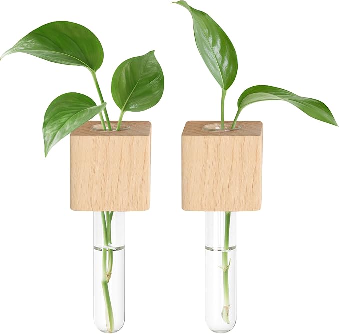 Magnetic Test Tube Flower Vases for Refrigerator, Set of 2 Wooden Fridge Magnet Planters with Glass Tubes – Light & Dark Wood Color, Propagation Station for Hydroponic Display (No Plant Included)