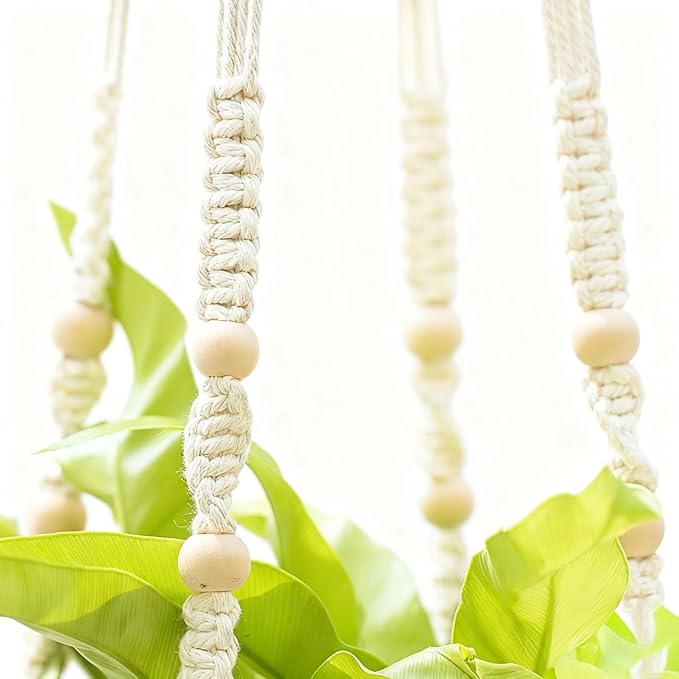 2 Pack Macrame Plant Hanger 36 Inch, Ivory Hanging Planter Holder with Wood Beads & No Tassels,Larg Hanging Baskets Indoor Outdoor Boho Home Decor for Flower Pots (2 Hooks Included)
