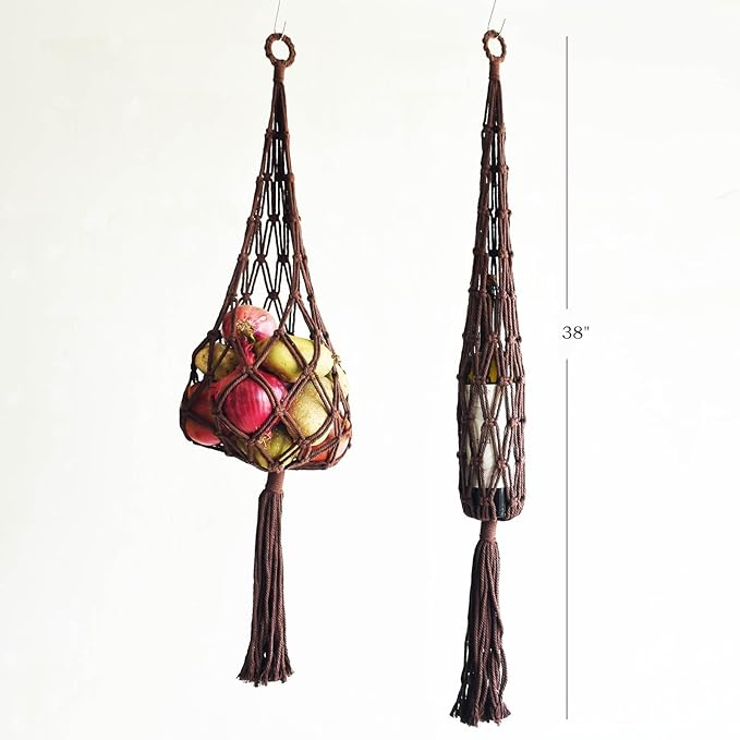 2-Pack Boho Macrame Hanging storage Bag, handmade vegetable basket hanging in the kitchen, handmade Net Storage Holder in Kitchen for Fruit/Vegetable/Patato/Tamato/Wine hanger Length:38" (Brown)