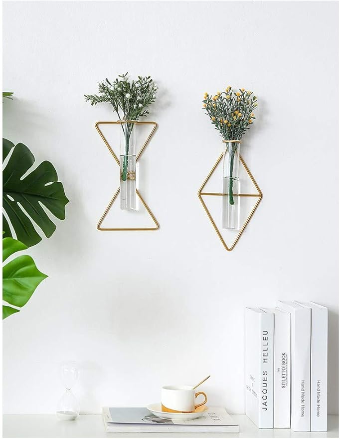 Nordic Wall Vase,Gold Geometric Vase Hanging Hydroponic Planter,Wall-Mounted Metal Glass Tube Bud Vase Decorative for Centerpieces Wedding Home Decor(Gold 3)