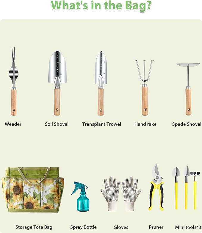 MOSFiATA 12Pcs Garden Tools Set, Heavy Duty Gardening Kit with Organizer Bag, for Digging, Weeding, Transplanting, Pruning Ideal Gardening Gifts