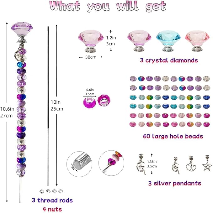 72Pcs DIY Fairy Wand Beaded Garden Stakes Kit Fairy Wands Kit for Different Festivals Fairy Garden Accessories Outdoor Fairy Garden Stakes Decorative, Diamond-(Purple+Lake Blue+Pink)