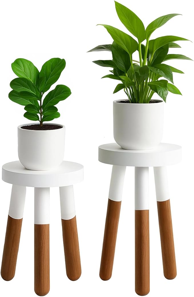 LitaEther 9" Reverse Dipped Wood Plant Stand, Wood Accent Stool,Milking Stool Set (12"+16" Tall)