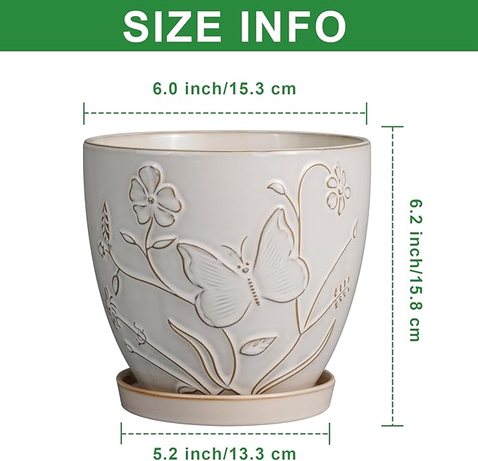 MPotTo 6 Inch Ceramic Plant Pot for Indoor Plants Outdoor Round Planter Flower Pot with Drainage Hole and Saucer for Home Garden Office Decor White