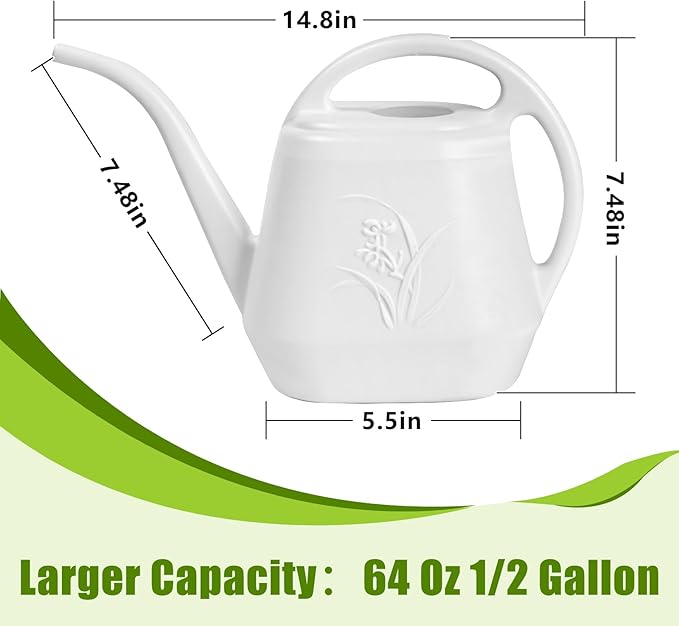Plastic Watering Can - for Indoor and Outdoor Home Garden Plants - with Long Spout - White - 1/2 Gallon