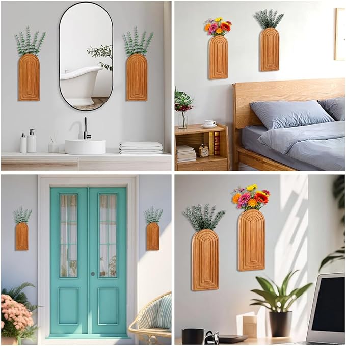 Set of 2 Wooden Wall-Mounted Vases for Dried Flowers, Boho Hanging Planters with Invisible Nails, Modern Farmhouse Home Decor for Living Room, Bedroom, Entryway, Bathroom