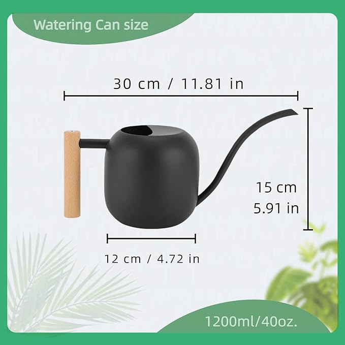 Indoor Watering Can with Long Spout, 40oz Capacity, Black Metal with Wood Handle,Plant Mister Spray Bottle (Black-W2)
