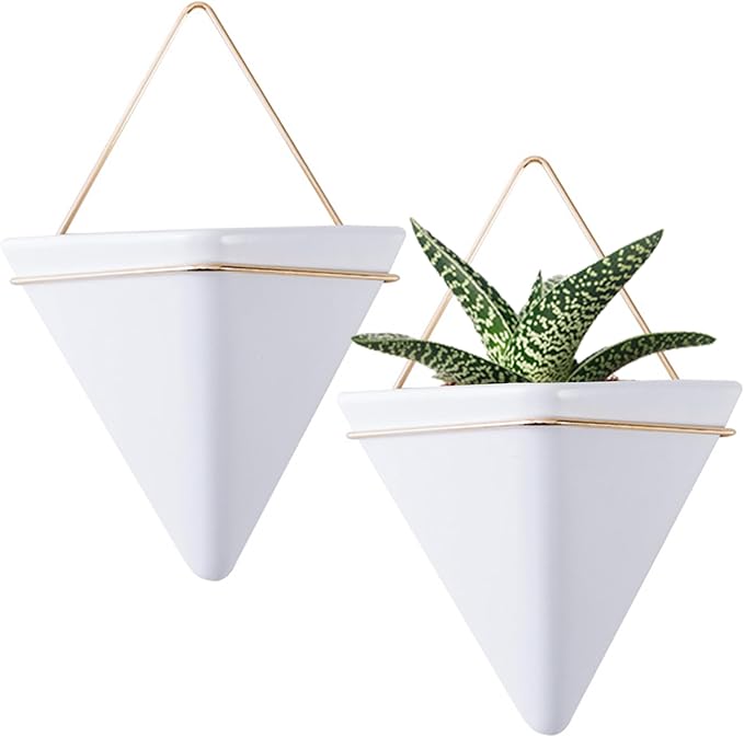 Wall Plant Holder Hanging Planter, 2PCS Geometric Triangle Wall Plant Holder, Ceramic Wall Mounted Plant Holder, for Succulent, Faux Plants, Home, White
