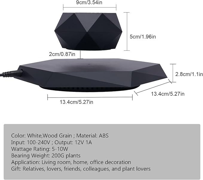 Floating Plant Pot for Small Plants, Magnetic Levitating Flower Pot Planter for Office Home Decoration, Black Hexagon Suspension Rotating Air Bonsai Planter Flower Pot