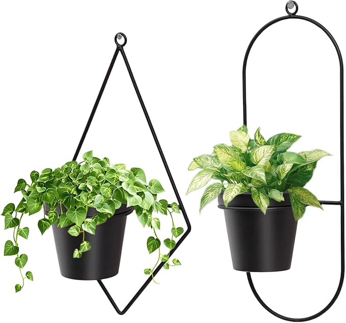 Geometric Wall Planters for Indoor Plants – Set of 2 Black Metal Wall Mounted Plant Holder (Diamond & Oval Shapes) with 5 Inch Flower Pots, Modern haning planters for Indoor Outdoor Décor