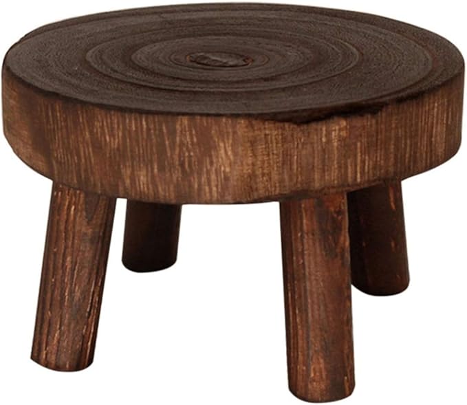UNIE Mini Wooden Stool Round Garden Flower Display Stand Decorative Short Stool for Indoor Outdoor Office Dining Room, Brown, Small, (200716LY03-1-6767-1046476311)