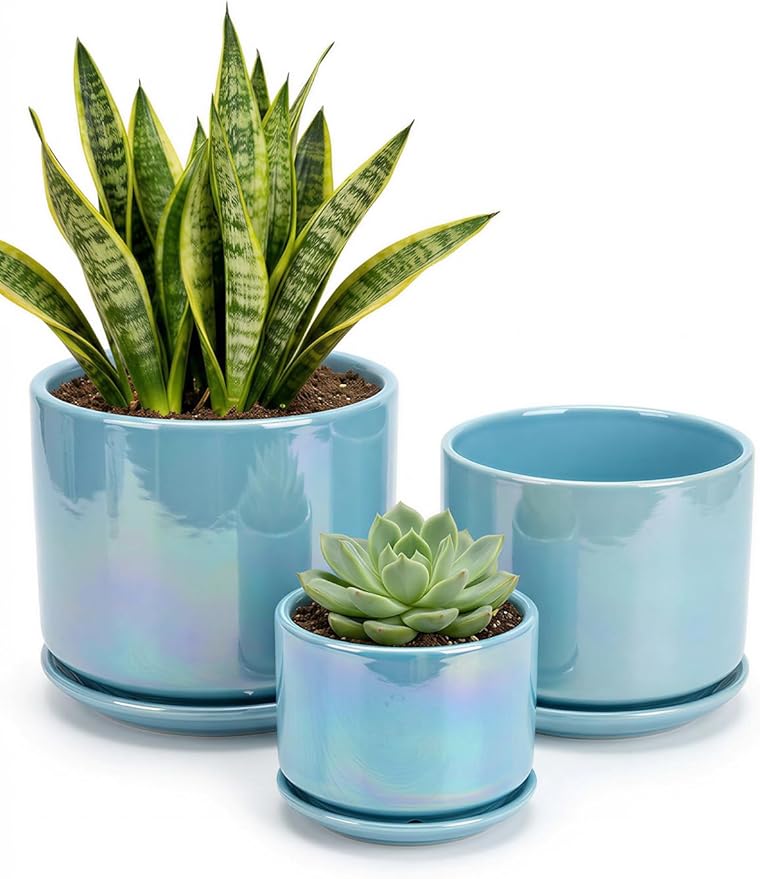 EFISPSS Ceramic Planter 4+5+6 Inch Ceramic Flower pots for Indoor Plants with Drainage,for Succulent Cactus,Garden Planters,Modern Decorative for Home Blue Pearl Glaze Plant Pots