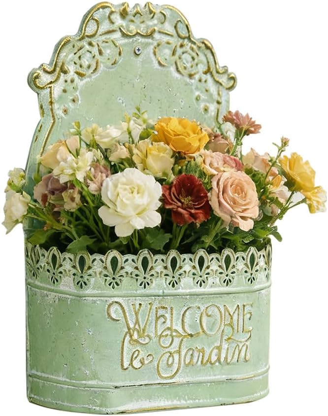 Metal Hanging Planters Wall Mount Planter Wall Vases for Flowers Shabby Chic Decor for Rustic Farmhouse Outdoor Decor Green