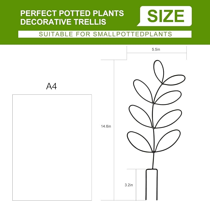 2 Pack 14.6 Inch Plant Trellis Indoor for Climbing Plants with 50 Plant Ties, Small Metal Garden Trellis for Potted Plants, Leaf Shaped Support for Ivy Hoya Pothos Monstera Houseplants