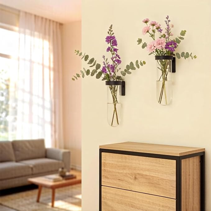 2 Piece Hanging Glass Wall Vase Set, Iron Metal Plant Stand with Clear Borosilicate Glass Tubes, Creative Wall Mount Vase for Flowers, Air Plants, Home Office Wedding Decoration