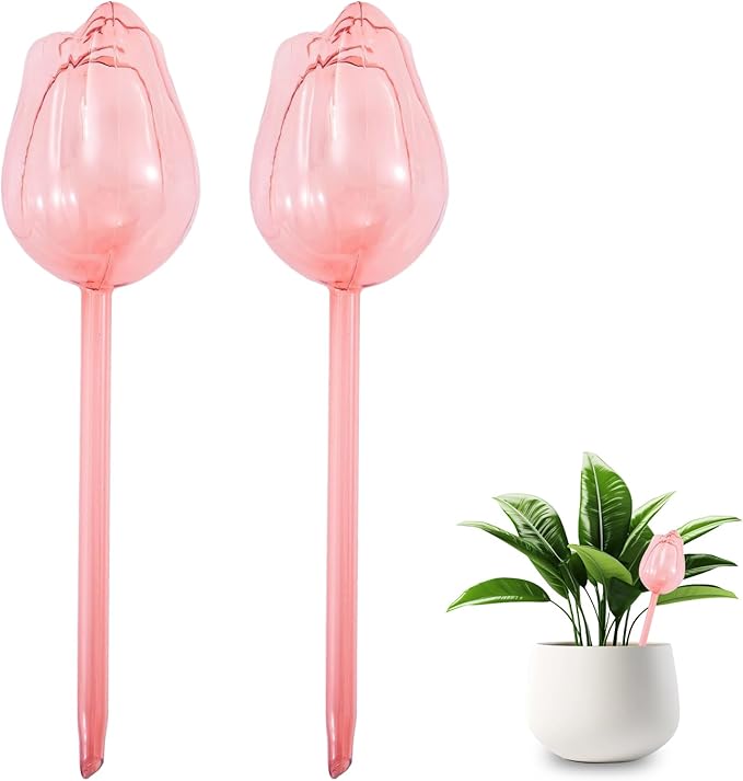 Creative Flower-Shaped Self Watering Globes for Indoor Outdoor Plants – 2"x2"x5" PVC Automatic Drip Irrigation Bulbs for Vacation – Cute Lazy Watering System for Garden & Home Decor (Champagne)
