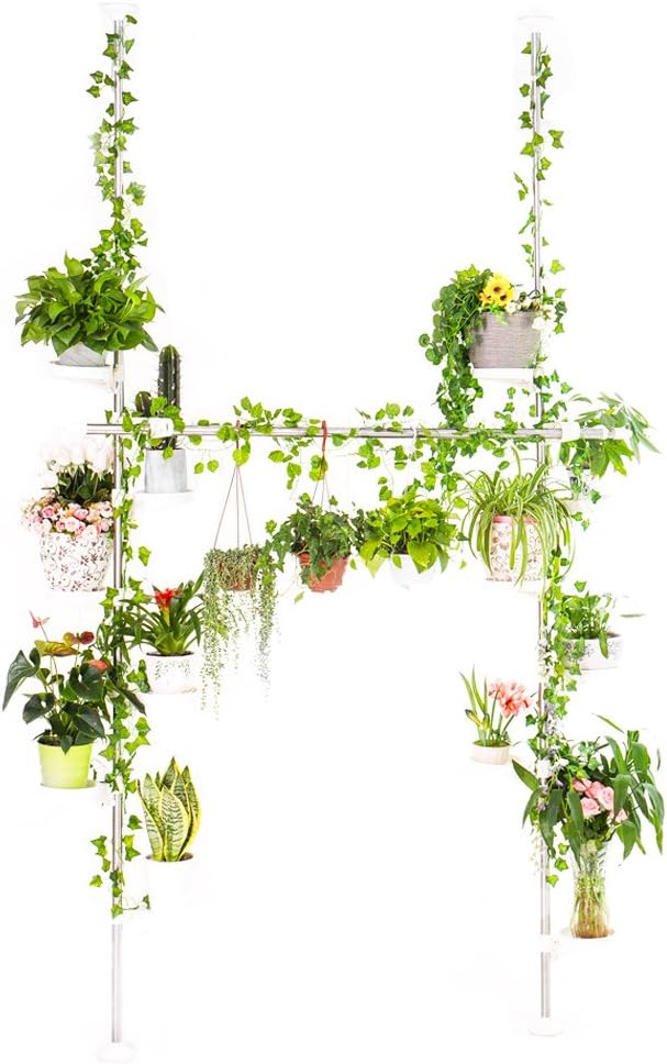 BAOYOUNI Indoor Plant Stands Spring Double Tension Pole Metal Flower Display Rack Space Saver Corner Floral Pot Storage Shelf with 12 Trays, 2 Hooks & 1 Telescopic Rod for Clothes Drying Hanger, Ivory