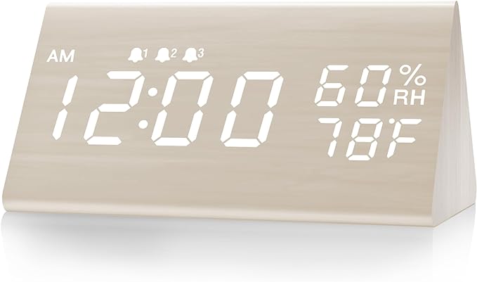 JALL Digital Alarm Clock, with Wooden Electronic LED Time Display, 3 Alarm Settings, Humidity & Temperature Detect, Wood Made Electric Clocks for Bedroom, Bedside (White)
