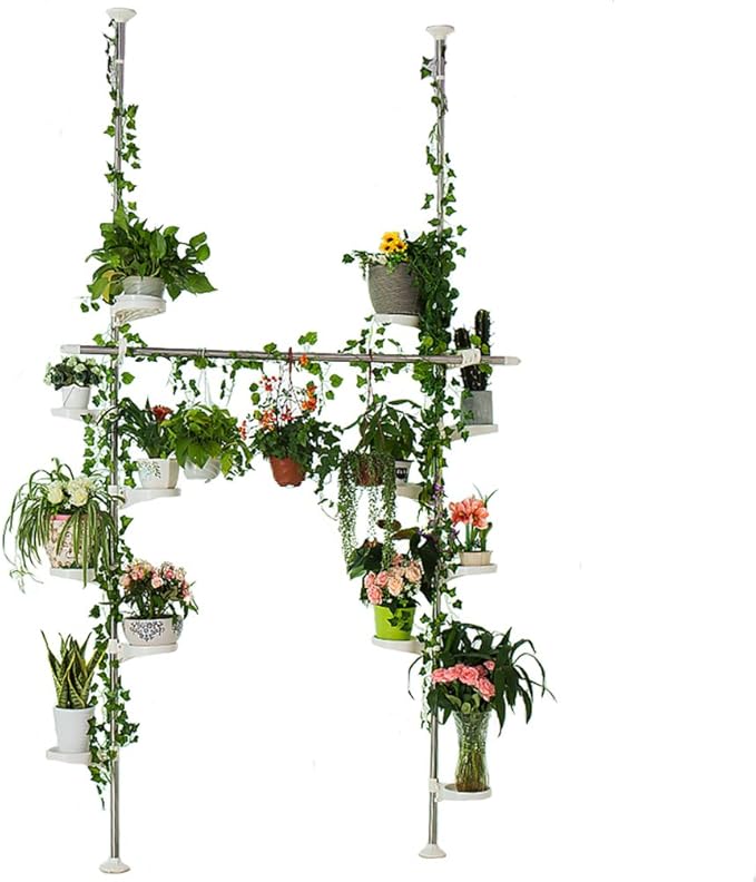 BAOYOUNI Indoor Plant Stands Spring Double Tension Pole Metal Flower Display Rack Space Saver Corner Floral Pot Storage Shelf with 12 Trays, 2 Hooks & 1 Telescopic Rod for Clothes Drying Hanger, Ivory