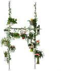 BAOYOUNI Indoor Plant Stands Spring Double Tension Pole Metal Flower Display Rack Space Saver Corner Floral Pot Storage Shelf with 12 Trays, 2 Hooks & 1 Telescopic Rod for Clothes Drying Hanger, Ivory