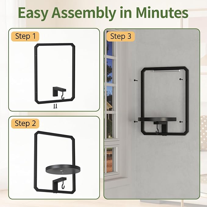 LASZOLA Plant Hangers Holder Wall Mount Indoor Window with 3 Grow Light, 3 Pack Floating Flower Stand Shelf with Hooks, Metal Picture Frame Hanging Planter Display Decor for Kitchen Bathroom, Black