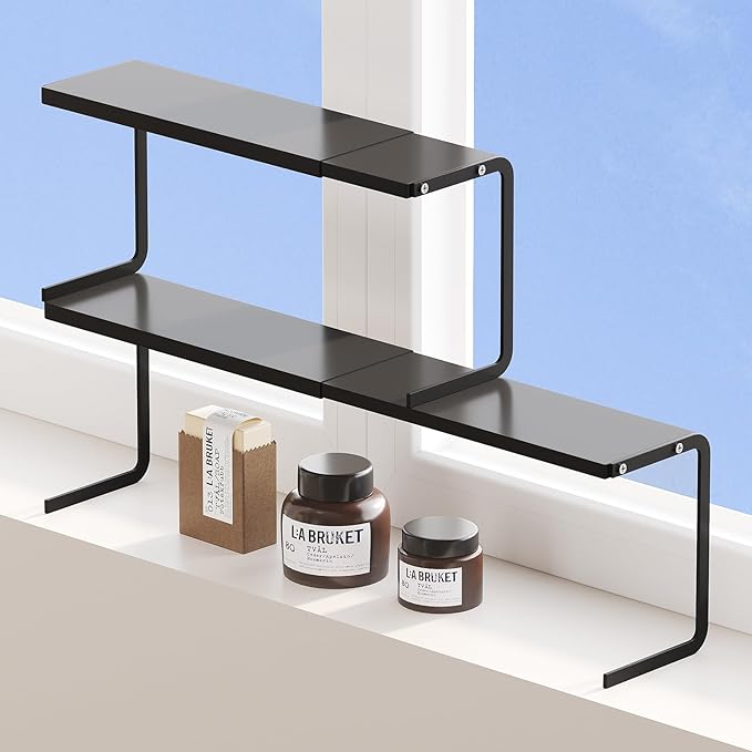 1pc Small Narrow Shelf for Windowsill Kitchen Spice Rack Organizer Stackable Tall Shelves Scalable Window Plant Rack for Narrow Space Countertop Storage (Black)