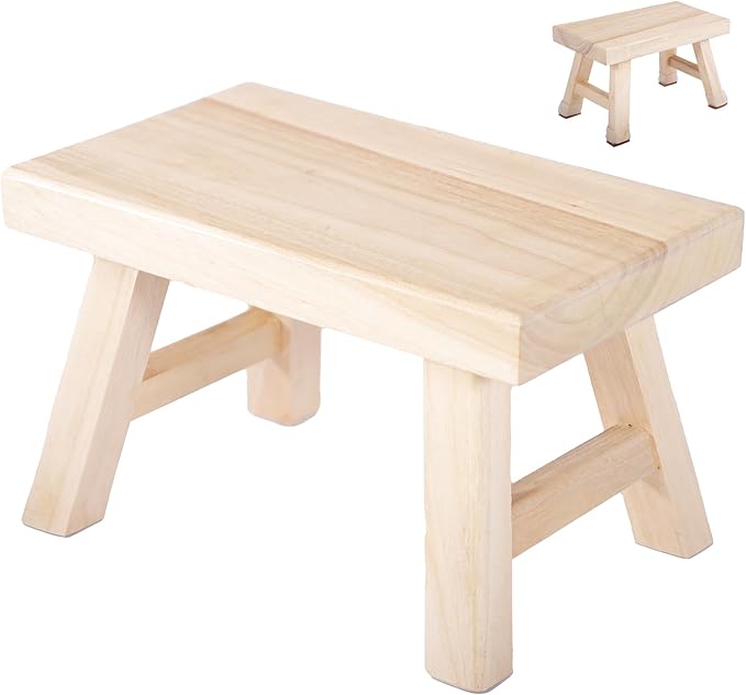 Wooden Step Stool fo Kids Handcrafted Solid Wood Stool with Chamfered Edges, 11" L x 7" H x 7.6" W - Multi-Functional Footrest, Small Step Stool with Anti-Slip Caps - Durable and Sturdy