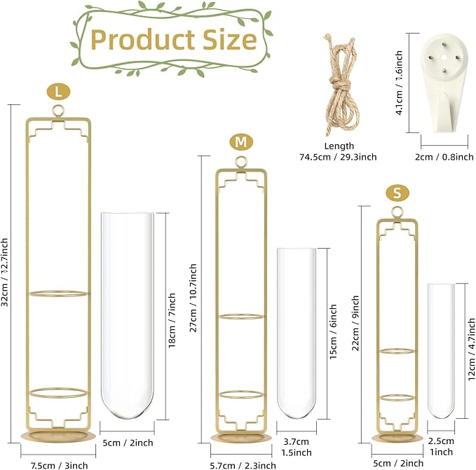MIPON Metal Hanging Plant Propagation Station,3 Size Glass Test Tube Hydroponic Planter,Boho Wall Hanging Plant Cuttings Holder,Indoor Water Plant Terrarium Tubes for Home Office Window Decor-Gold