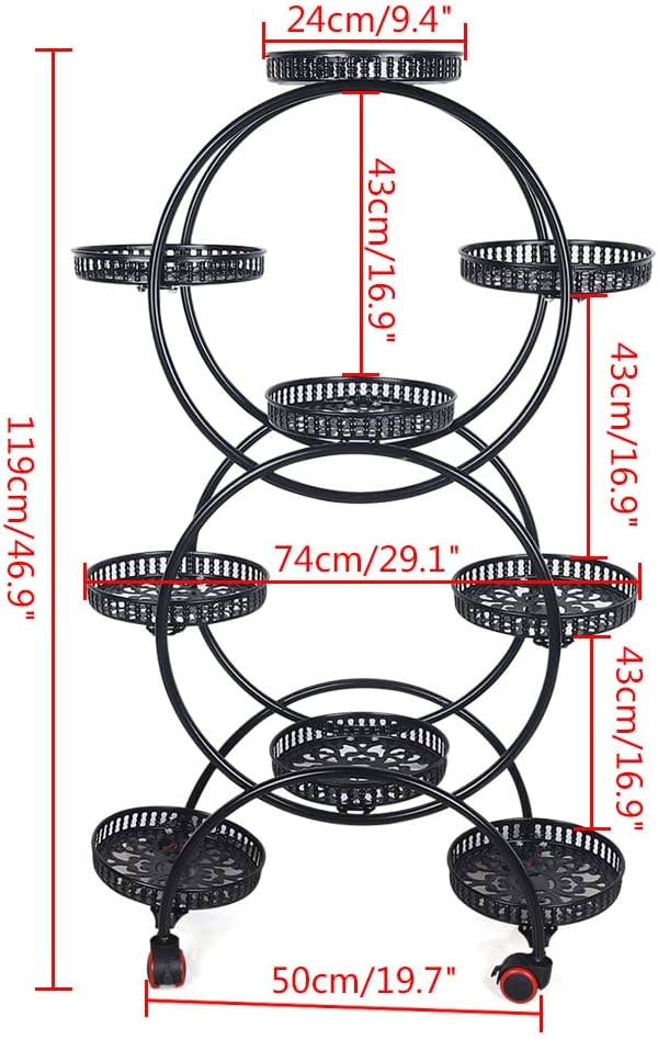 6 Tier Metal Plant Stand Indoor/Outdoor Multiple Flower Pot Holder Shelf with 9 Round Trays, Flower Pot Stand Plant Rack for Patio Living Room Corner Balcony, Black