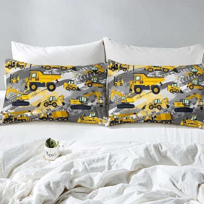 Kids Cartoon Car Bed Sheet Set King Size Boys Construction Vehicles Bedding Set for Teens Children Cartoon Machinery Truck Bed Sheets Set Construction Site Cars Bed Cover 4Pcs, Super Soft,Breathable